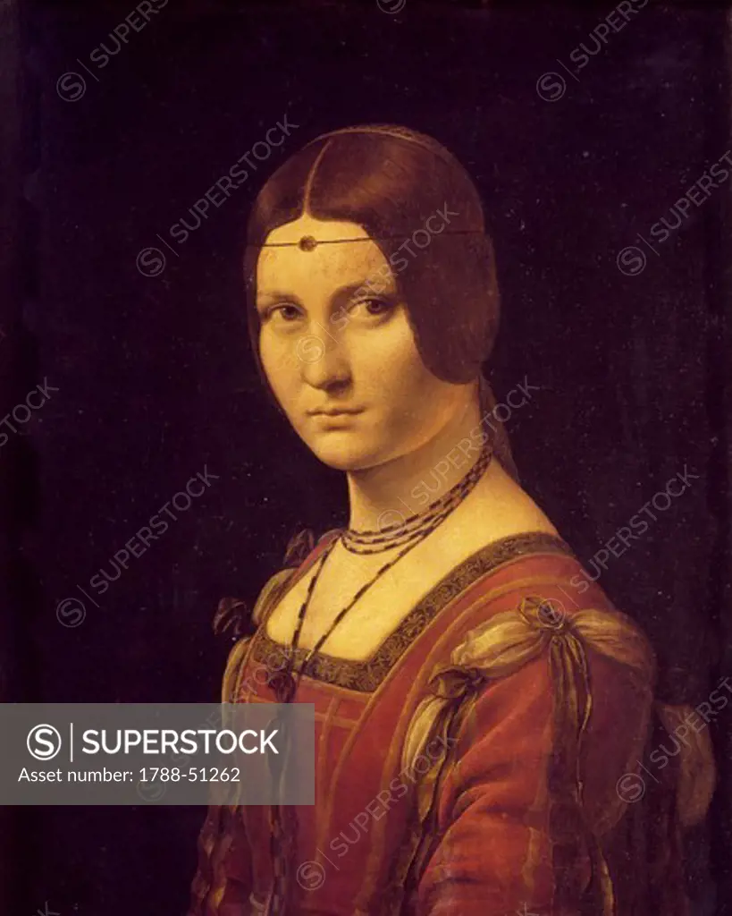 Portrait of a lady, probably Lucrezia Crivelli, 1495-1499, by Leonardo da Vinci (1452-1519), oil on panel, 63x45 cm.