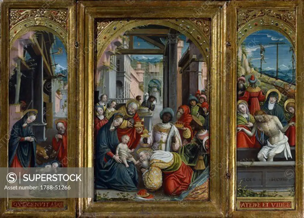 Triptych of the Nativity, the Adoration of the Magi and Jesus Christ's tomb, 1523, by Defendente Ferrari (1480-ca 1540).