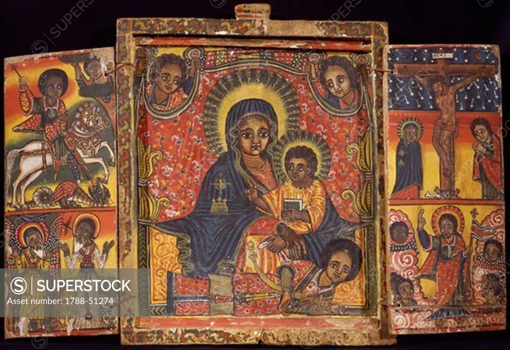 St George and the dragon and the apostles on the left, the enthroned Virgin with Child and angels in the center, Jesus being crucified and Jesus risen on the right. Ethiopia, 18th-19th century.