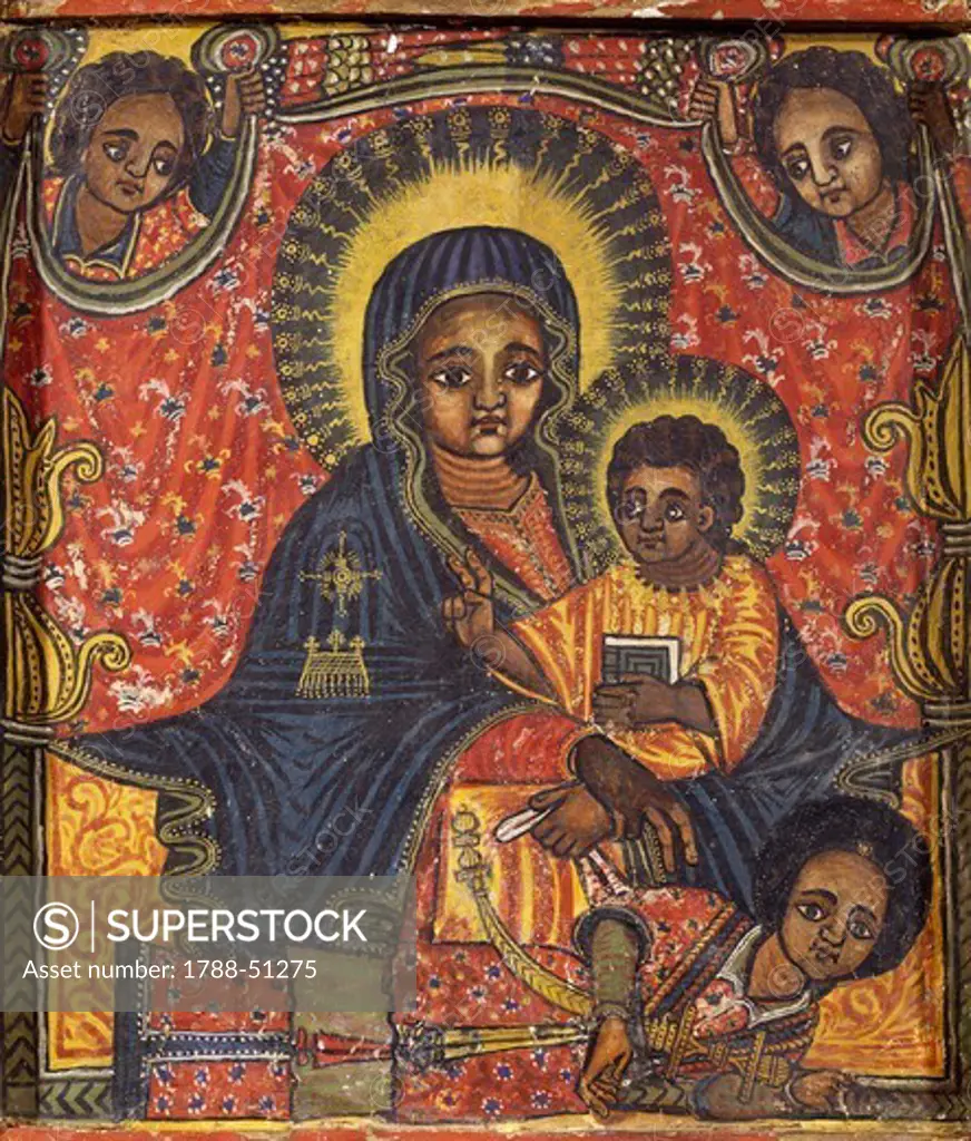 Enthroned Virgin with Child and angels, detail from a triptych. Ethiopia, 18th-19th century.