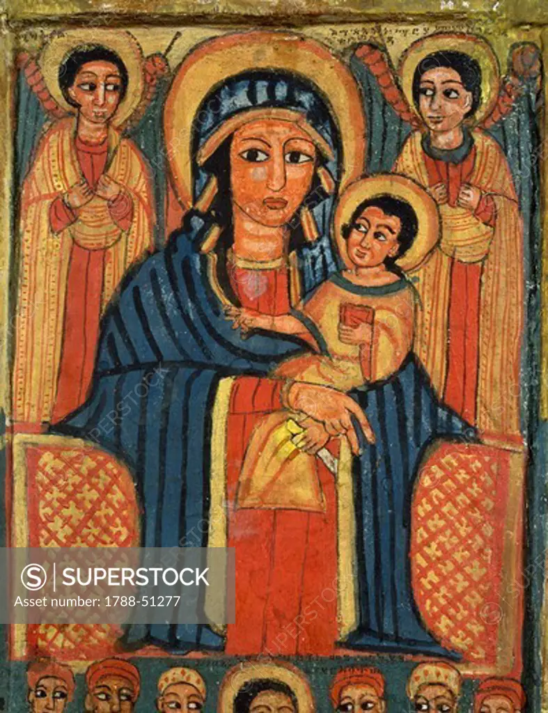 Enthroned Virgin with Child and angels, detail from a triptych. Ethiopia 18th-19th century.