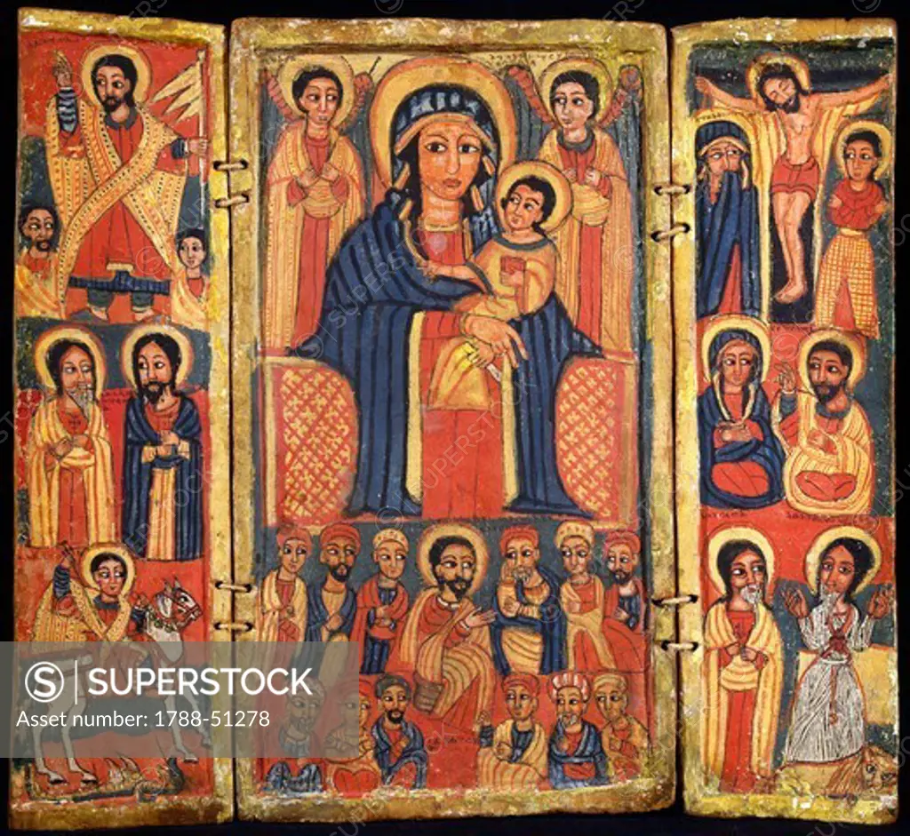 Risen Jesus, the Apostles and St George and the dragon on the left, the Enthroned Virgin with Child and angels and the Last Supper in the center, the crucified Jesus and the apostles to the right. Ethiopia, 18th-19th century.