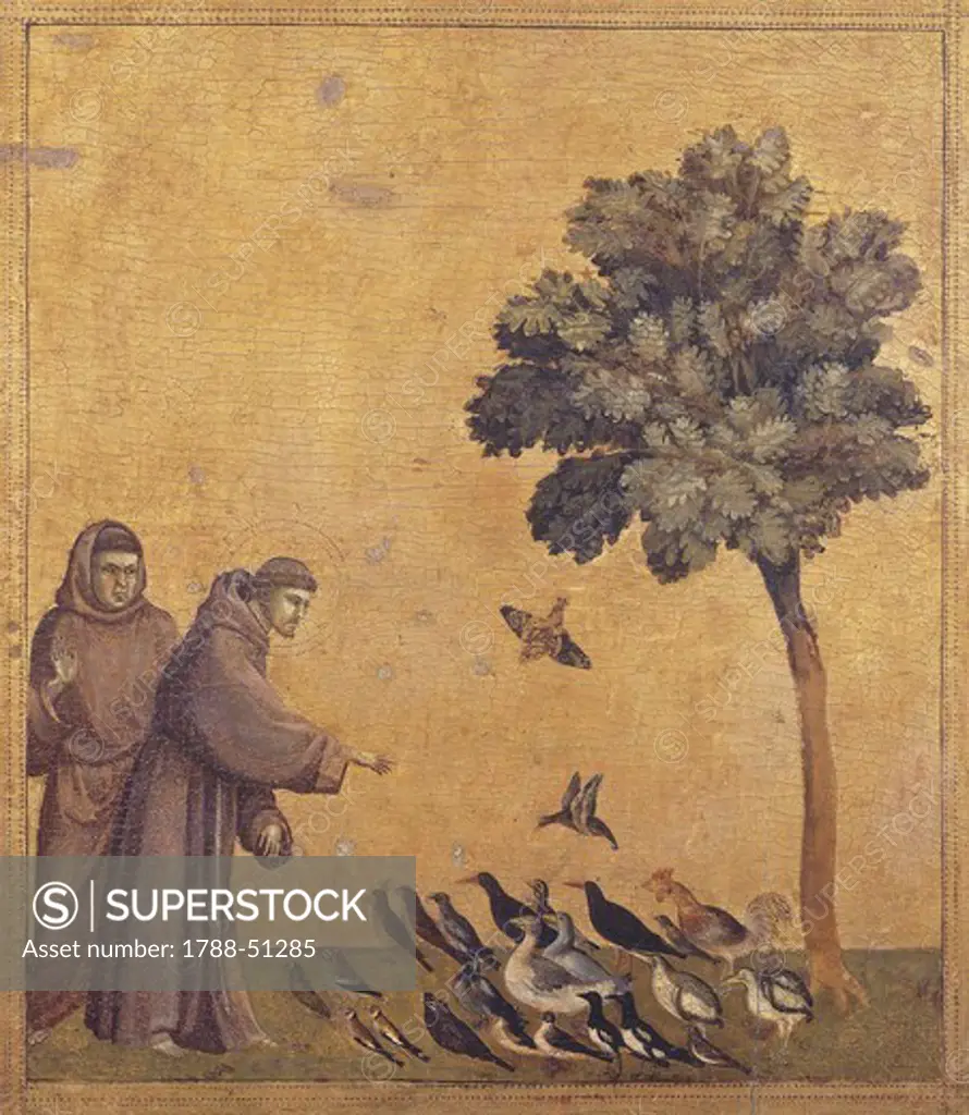 St Francis preaching to birds, detail from the predella of the Stigmata of St Francis, ca 1300, by Giotto (1267-1337), tempera on wood, 313x163 cm.