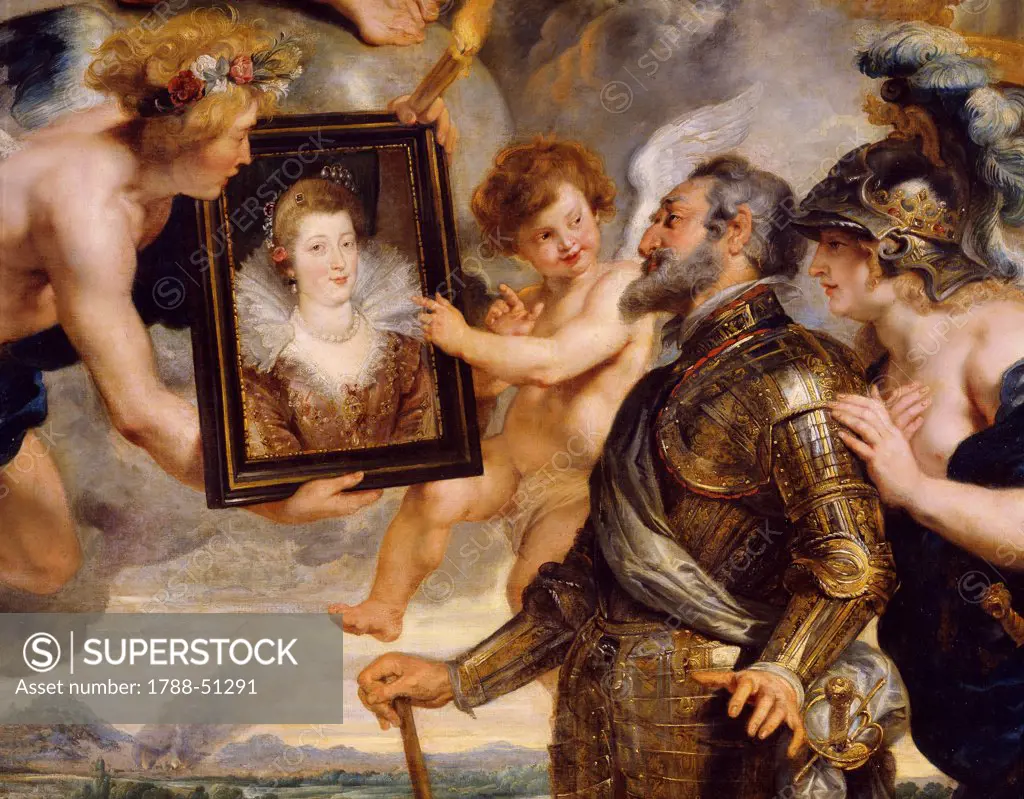 Henry IV looking at the portrait of the Queen, 1621-1625, by Peter Paul Rubens (1577-1640). Detail from the Stories of Marie de' Medici, 24 boards on canvas created for the Luxembourg Palace, Paris.