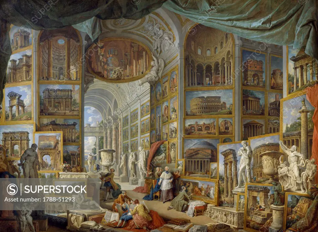 Gallery of the sights of ancient Rome, commissioned by patron Abbot de Canillac, 1758, by Giovanni Paolo Pannini (1691-1765), oil on canvas, 231x303 cm.