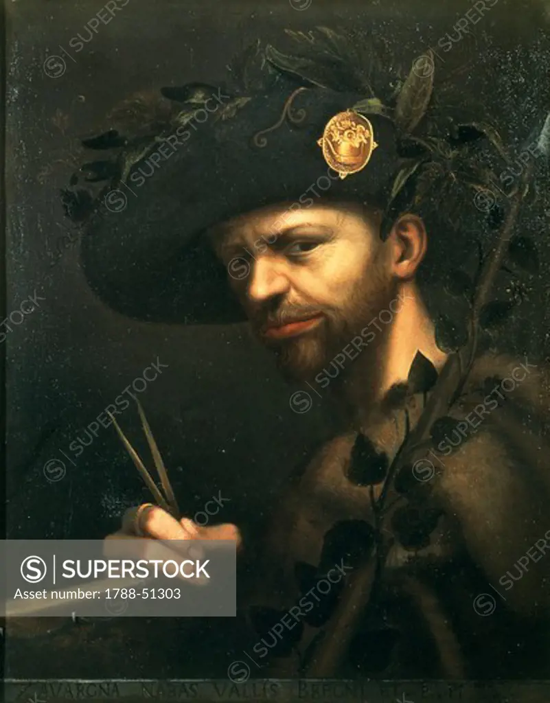 Self-portrait as Abbot of the Vall de Bregn Academy, ca 1560, by Giovanni Paolo Lomazzo (1538-1600), oil on canvas, 56x44 cm.