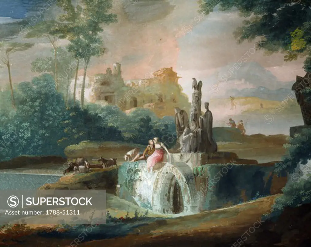 Galant scene of shepherds in an imaginary landscape, by Giuseppe Bernardino Bison (1762-1844).