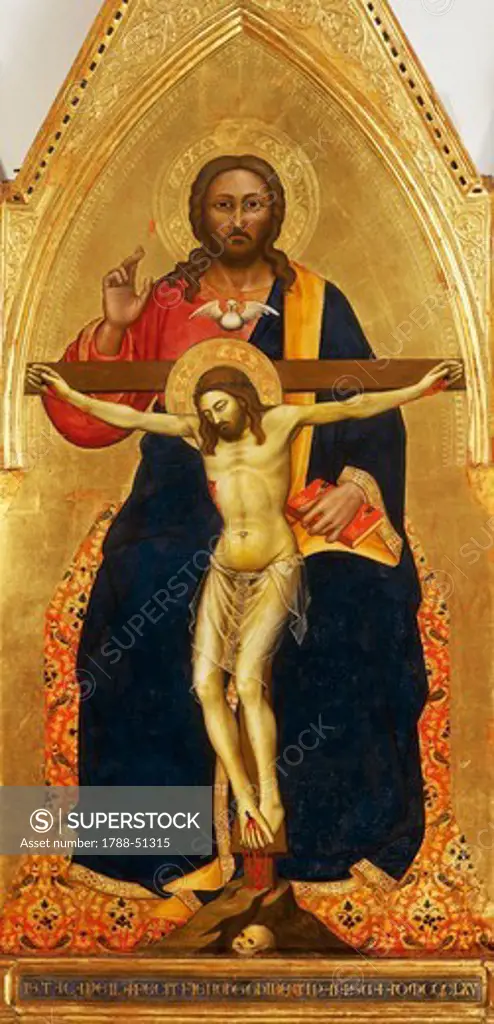 The Most Holy Trinity, the central panel of the Trinity and Saint Romuald and Saint John the Evangelist triptych, 1365, by Nardo di Cione (1320-1365, or ca 1366), tempera on wood, 300x212 cm.