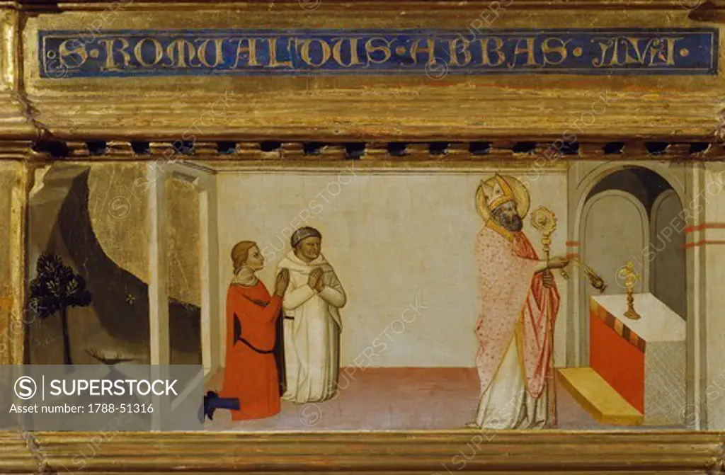 The appearance of St Apollinaris to St Romuald, left panel of the Trinity, Saint Romuald and Saint John the Evangelist triptych, 1365, by Nardo di Cione (1320-1365, or ca 1366), tempera on wood, 300x212 cm.
