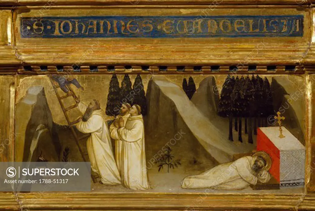 The dream of St Romuald, right panel of the Trinity, Saint Romuald and Saint John the Evangelist triptych, 1365, by Nardo di Cione (1320-1365, or ca 1366), tempera on wood, 300x212 cm.
