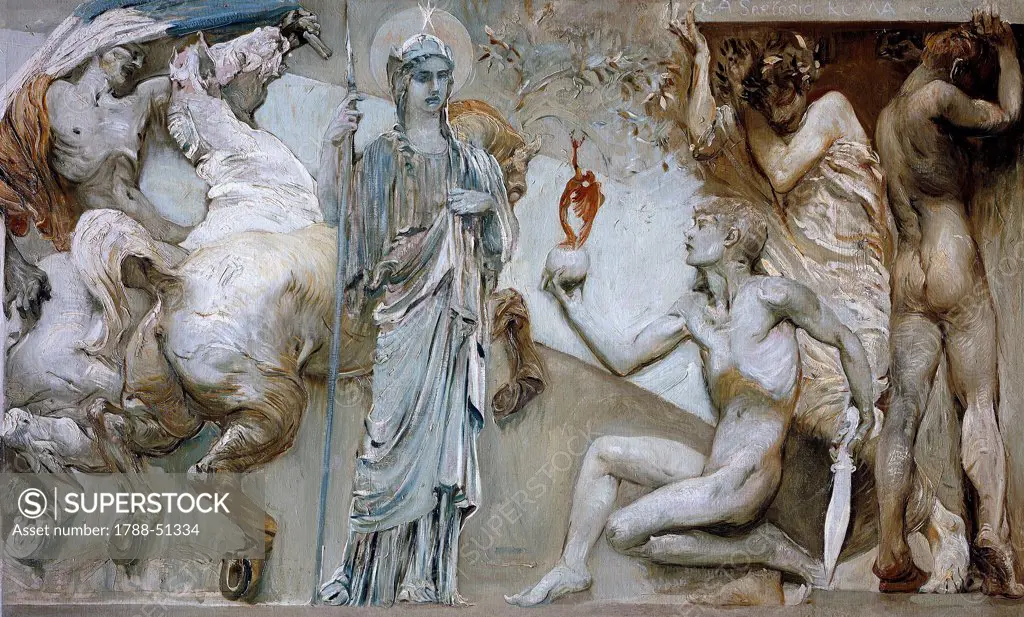 Frieze of Lazio, a miracle of science and daring, 1924, by Giulio Aristide Sartorio (1860-1932), oil on canvas, 98x435 cm. Detail.