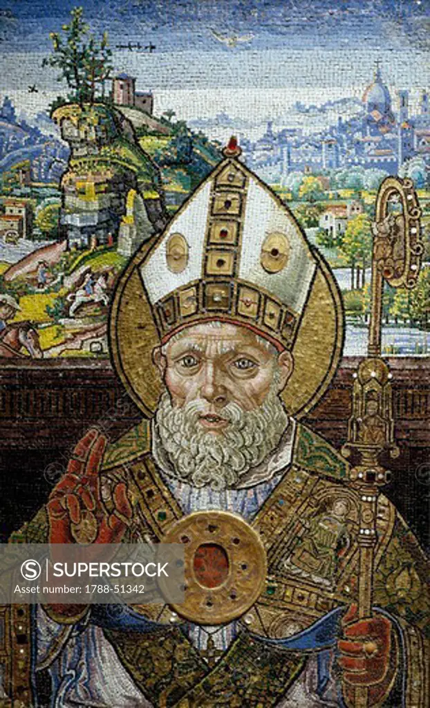 St Zenobius giving a blessing in bishop robes, with the city of Florence in the background, by Giovanni da Monte (active 1557), mosaic of tiles and glass paste.