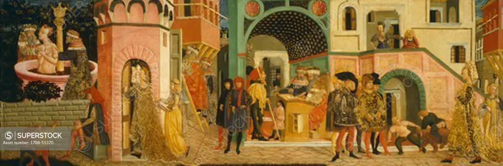 Stories of Susanne, ca 1450, front panel of a painted chest, by Giovanni di Ser Giovanni, known as Lo Scheggia, or 'The Splinter' (1406-1486), tempera on wood. Detail.