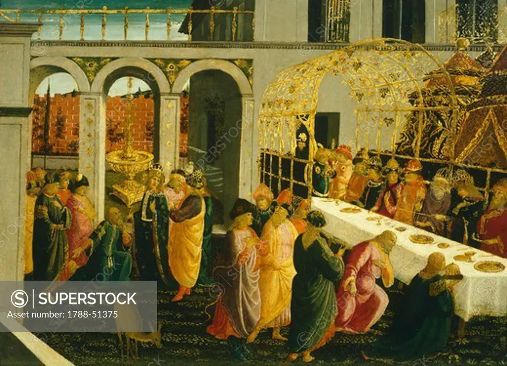 The banquet at Ahasuerus, 1490, by Jacopo del Sellaio (1441-1493), tempera on wood, 45x63 cm.