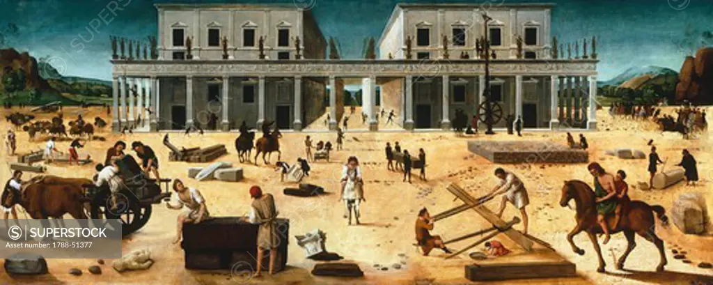 The construction of a building, 1515-1520, by Piero di Cosimo (1462-1521), oil on panel, 82.55 x196.85 cm.