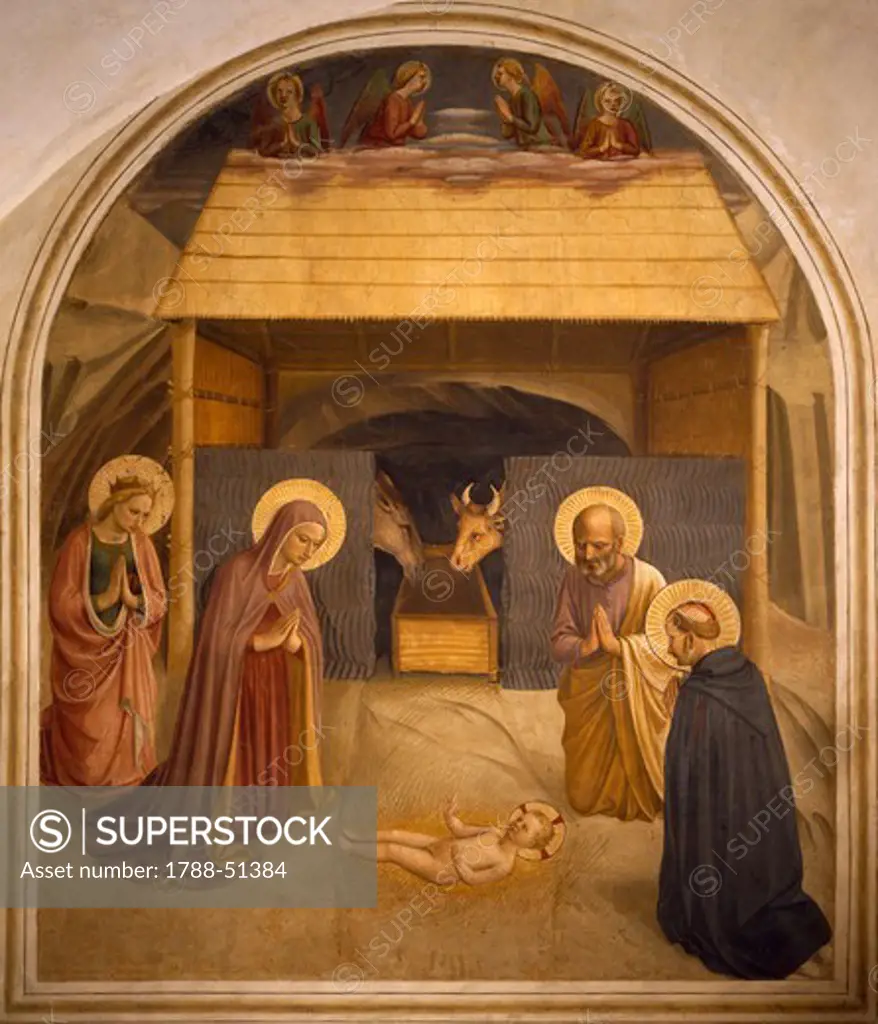 The Nativity, 1438-1455, by Giovanni da Fiesole, known as Fra Angelico (ca 1400-1455), fresco. Cell of Convent of St Mark's, Florence.