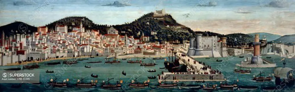 The Tavola Strozzi or View of Naples Showing Return of Aragonese Fleet after the Battle of Ischia in 1465, 1487, attributed to Francesco Rosselli, tempera on wood.