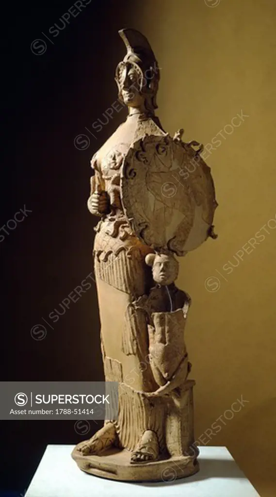 Minerva Tritonia, terracotta statue from the site of Lavinium-Pratica di Mare, Lazio, Italy. Latin Civilization, 5th Century BC.