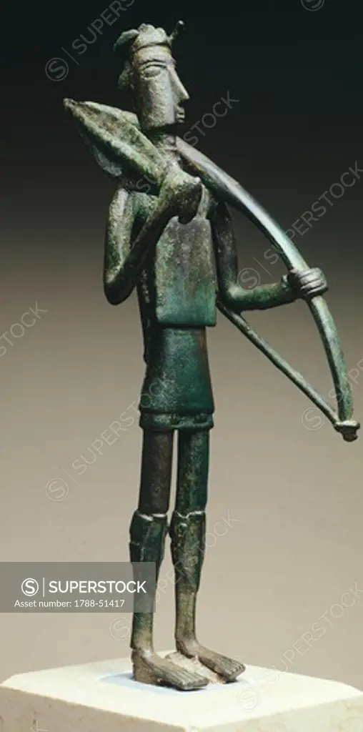 Figure of a warrior, bronze statue, Sardinia, Italy. Nuraghic Civilization.