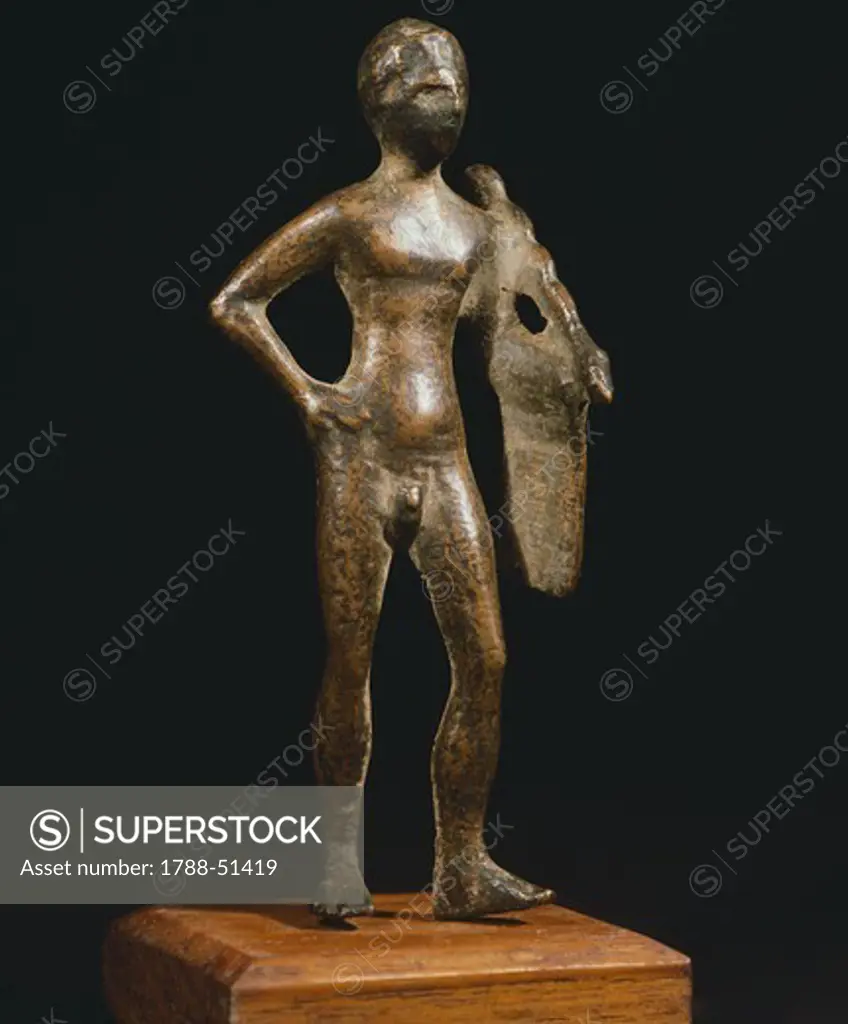 Figure of a warrior, bronze statue, Campania, Italy. Faliscan Civilization, 3rd Century BC.
