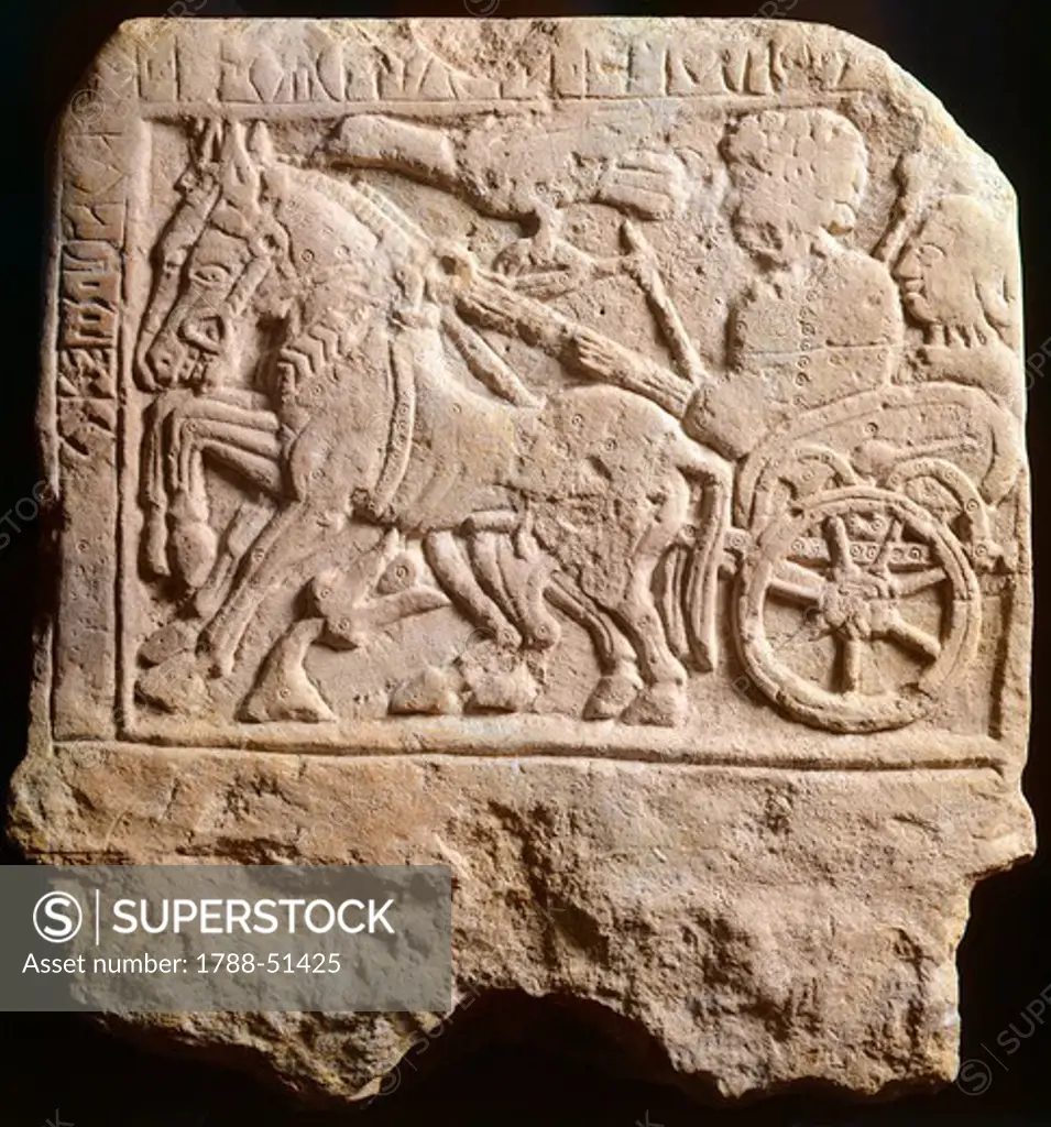 Funerary stela depicting a chariot driven by a charioteer and a woman, limestone relief from the Necropolis in Vicolo Ognissanti in Padua, Veneto, Italy. Paleoveneti Civilization, 4th Century BC.