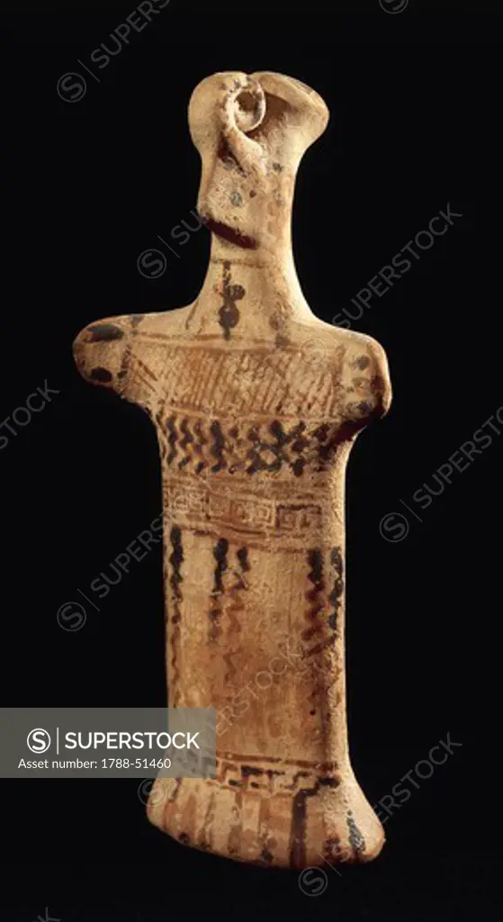Anthropomorphic female figure, painted terracotta votive statuette, Protocampana Production, Campania, Italy. Italic Civilization, 9th Century BC.
