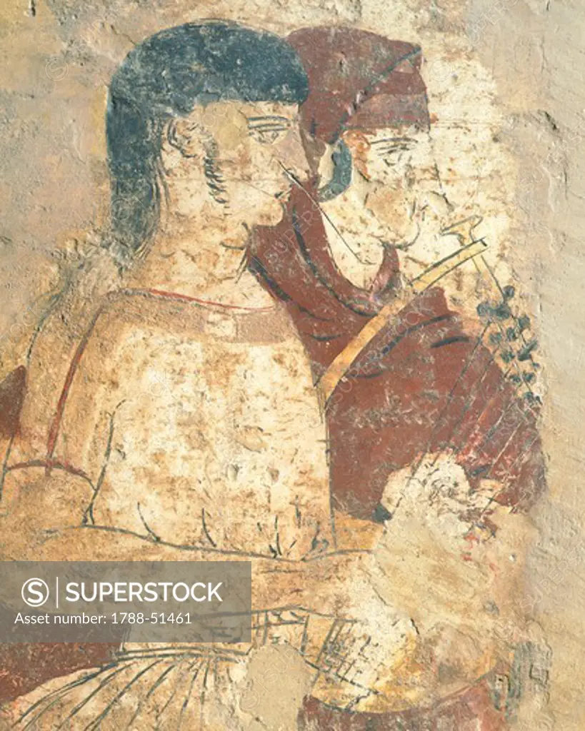Musicians, painting from a tomb in Ruvo di Apulia, Italy. Detail. Peucetian Civilization, 4th Century BC.