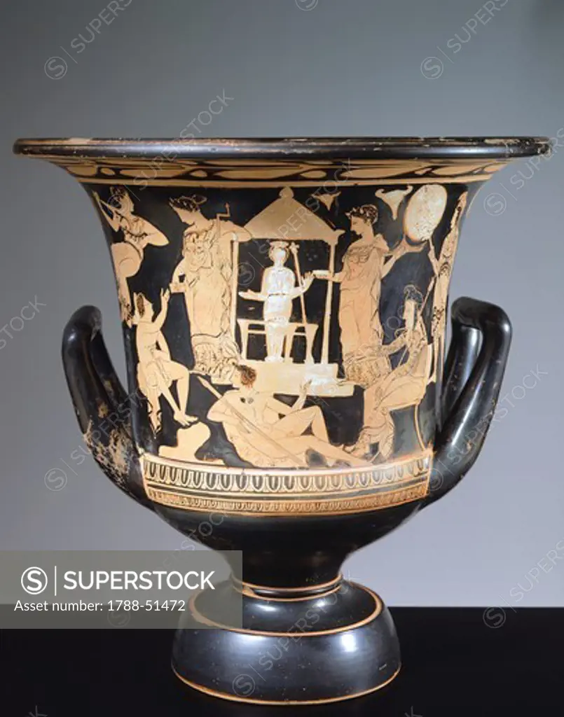 Attic chalice krater depicting Iphigenia and satyrs, 380 BC, work by the Iphigenia Painter, red-figure pottery from Tomb 1145 in the Necropolis of Valle Trebba, Emilia-Romagna, Italy. Italic Civilization, 4th Century BC.