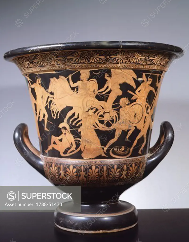Attic chalice krater with a scene showing the Battle of the Gods (gigantomachy), 440-430 BC, red-figure pottery, from Tomb 1955 in the Necropolis of Valle Pega, Emilia-Romagna, Italy. Italic Civilization, 5th Century BC.