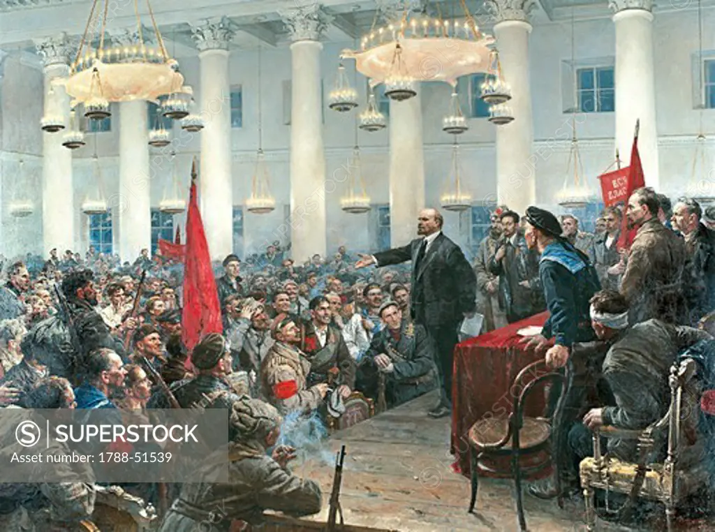 Lenin at the Soviets meeting, 1917, by Vladimir Serov (born in 1910), oil on canvas. Russian Revolution, Russia, 20th century.