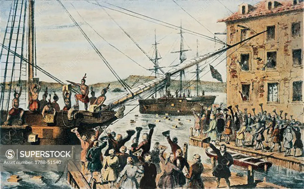 Boston Tea Party, English tea chests thrown overboard in Boston Harbor by colonists, December 16, 1773. The United States, 18th century.