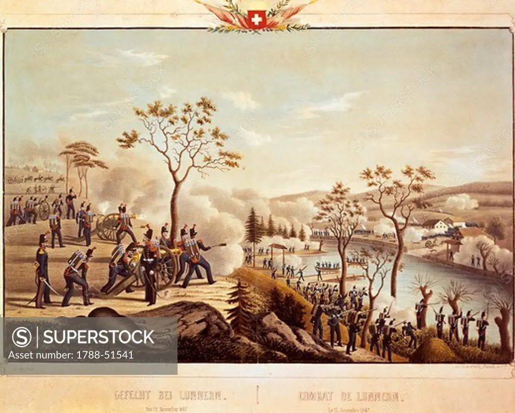 The battle of Lunnern,12 November 1847 during the Sonderbund war. Switzerland, 19th century.