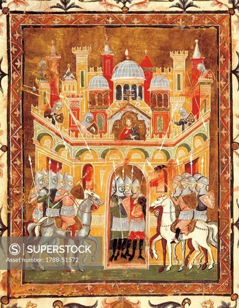 Frederick II's crusader soldiers at the gates of Jerusalem, 1229, miniature taken from Descriptio Terrae Sanctae by Burcardus Theutonicus or Burchard of Mount Sion, 14th century manuscript. Crusades, 14th century.
