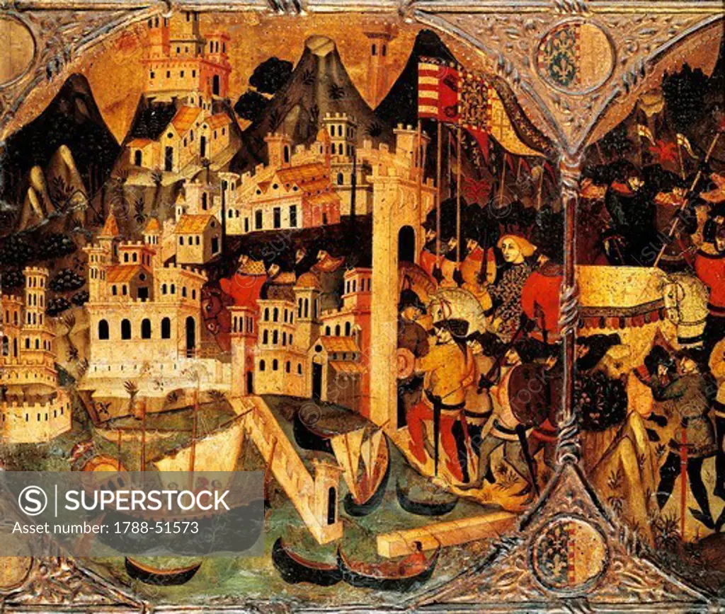 Charles of Durazzo conquering Naples, 1381-1382, by an unknown late 14th century artist, tempera on panel, 49.2x128.9 cm. Detail. Middle Ages, Angevin, Italy, 14th century.