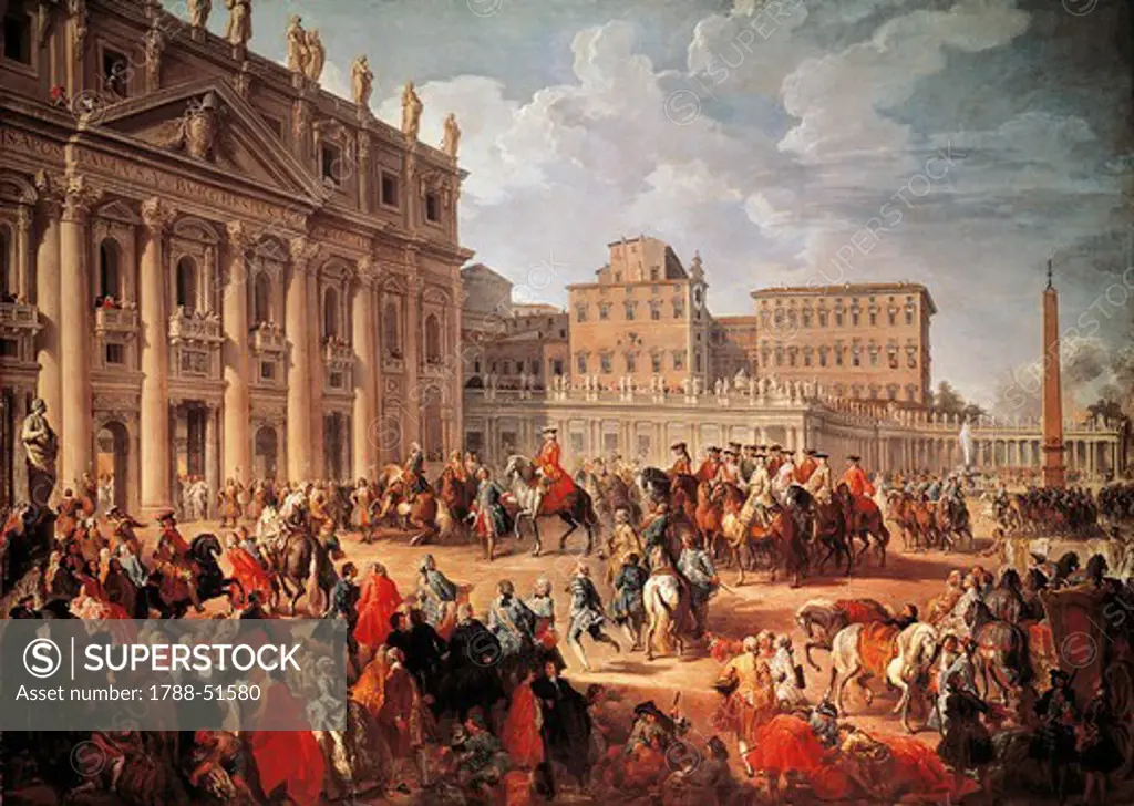 Charles III visiting Saint Peter's Basilica, Rome, 1746, by Giovanni Paolo Pannini (1691-1765), oil on canvas, 123.3x173.5 cm. Italy, 18th century.