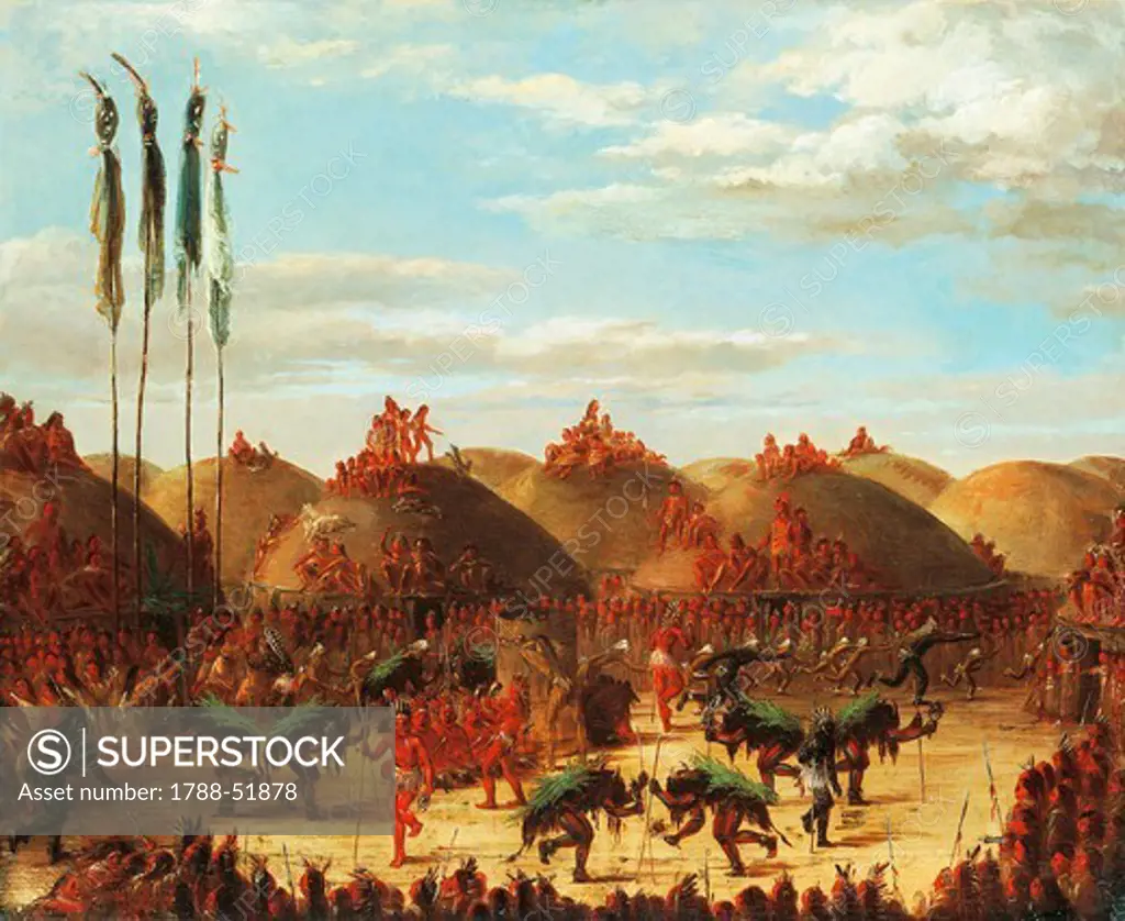 Dance of the buffalo at a Mandan okipa ceremony, painting by George Catlin (1796 - 1872). Native American Civilization, United States, 19th century.
