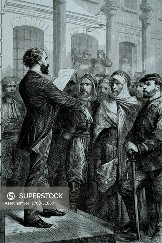 Leon Gambetta, member of the Government of National Defence, speaking to the French troops, engraving. Franco-Prussian War, France, 19th century.