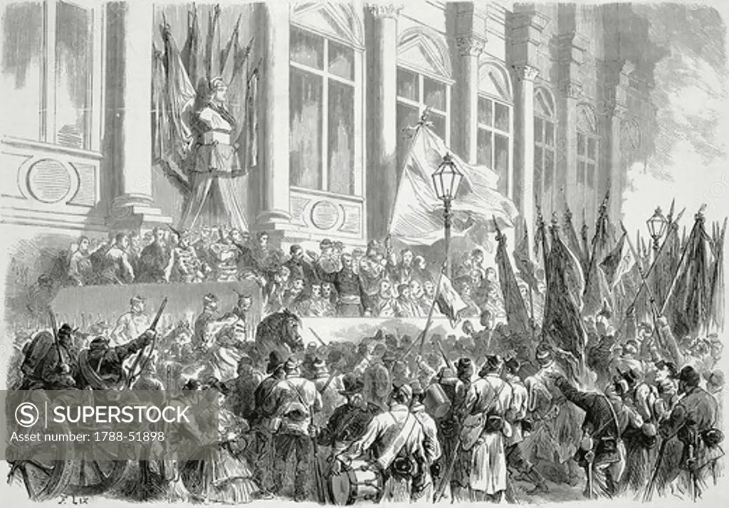 Proclamation of the Commune opposite the Hotel de Ville in Paris, after the elections, March 26, 1871, engraving. City of Paris, France, 20th century.