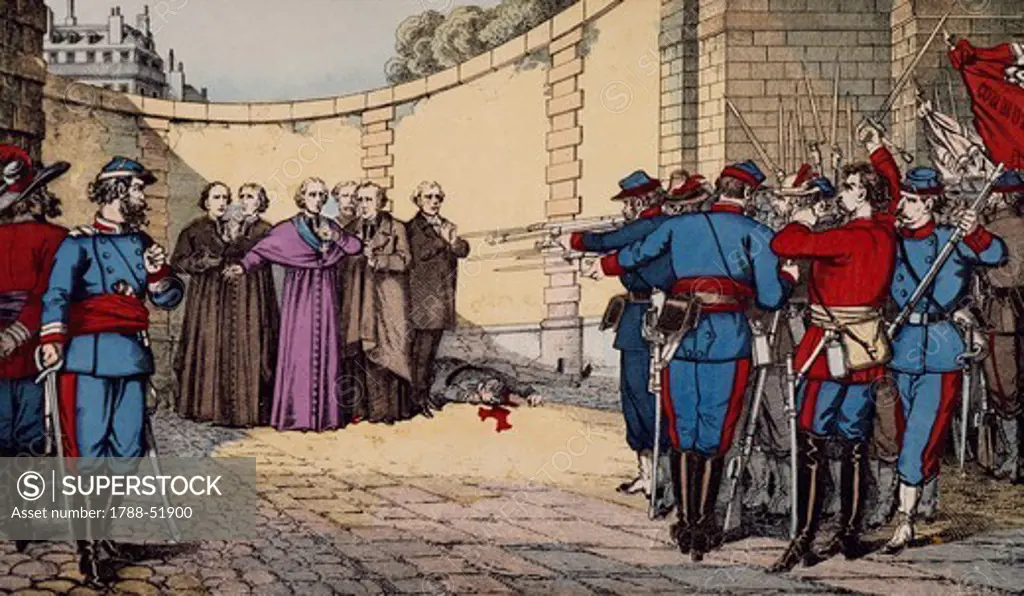 The Communards executing Archbishop Georges Darboy, Archbishop of Paris, Abbe of Duguerry, curate of the Madeleine, the reverend fathers Allard, Clerc and Ducoudray, and Louis Bernard Bonjean, president of the court of appeal, in Roquette prison in Paris, May 24, 1871. City of Paris, France, 19th century.