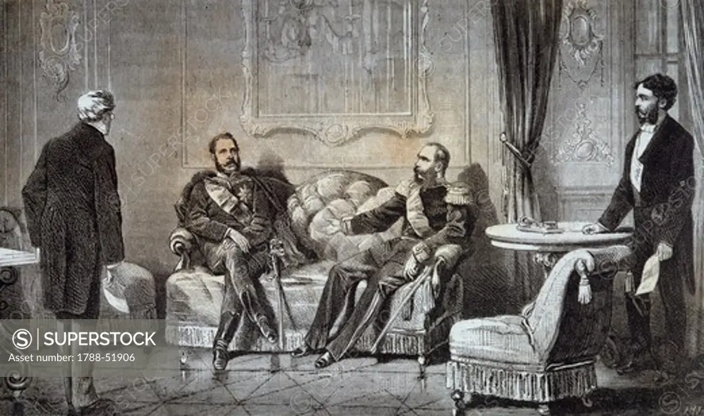 Convention of Reichstadt, meeting between Tsar Alexander II of Russia and Emperor Franz Joseph I of Austria, July 8, 1876, engraving. Russo-Turkish War, Czech Republic, 19th century.