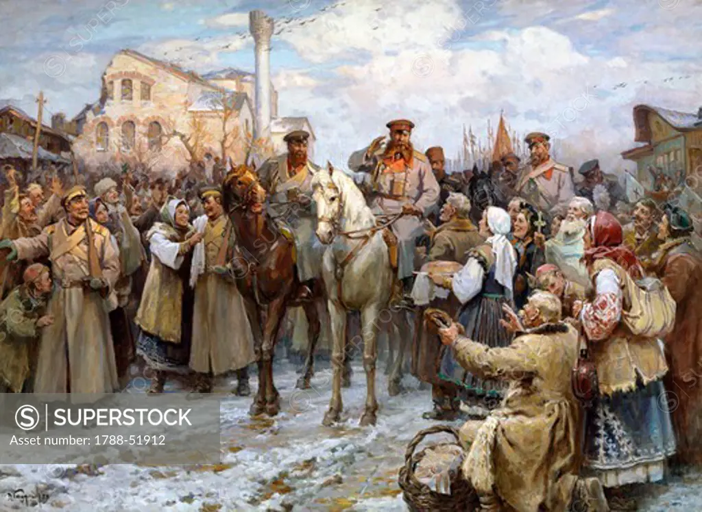 General Joseph Vladimirovich Gurko entering the city of Sofia with the ruins of the Cathedral of St. Sophia in the background, 1878. Russo-Turkish War, Bulgaria, 19th century.