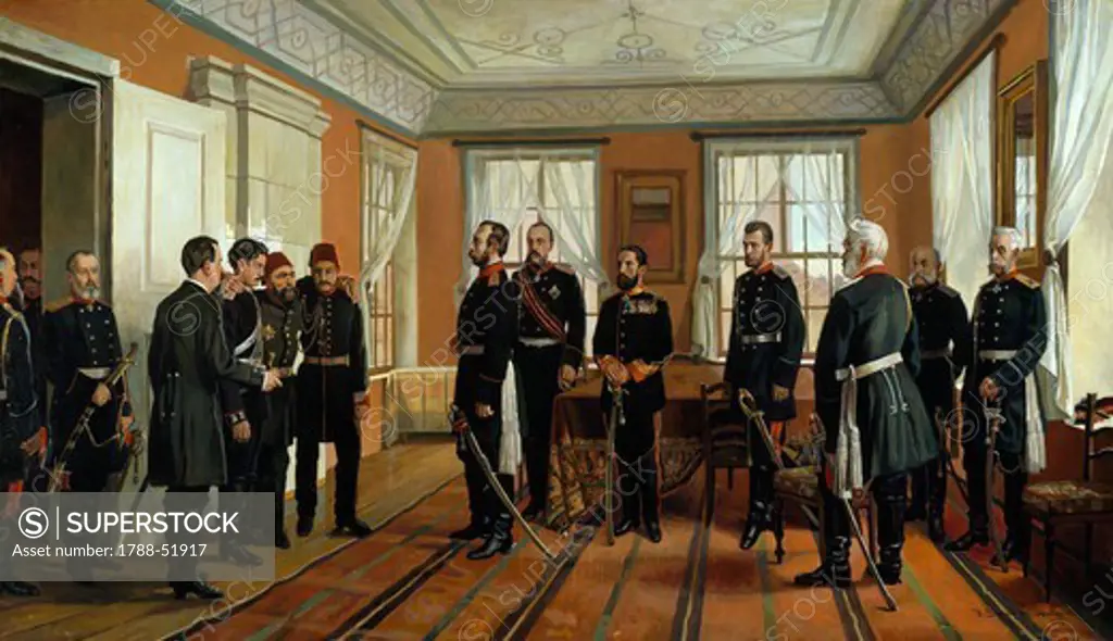 Osman Nuri Pasha surrendering to Tsar Alexander II. Russo-Turkish War, 19th century.