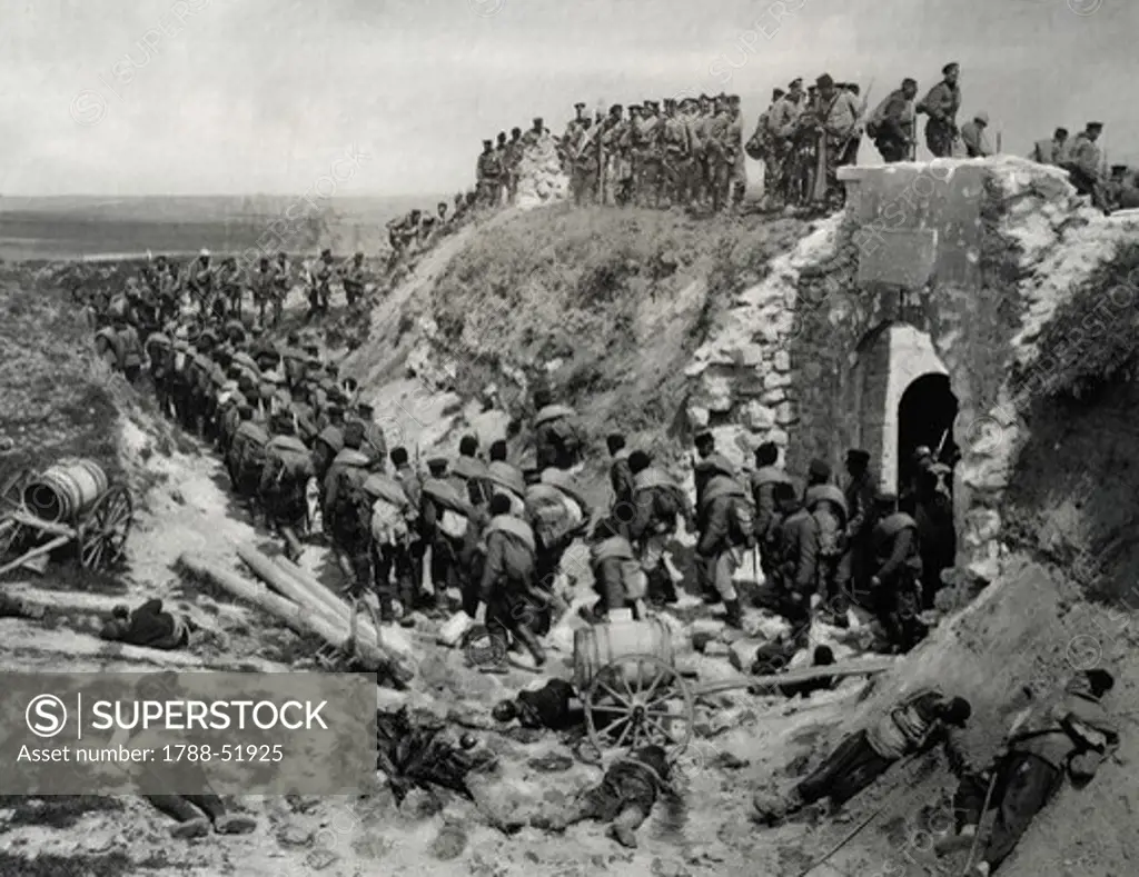 The Bulgarian army laying siege to the fort of Kaucas-Tabia. Serbian-Bulgarian War, Bulgaria, 19th century.