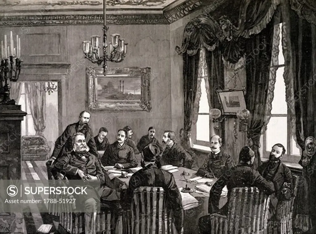 A meeting of the European Conference of Constantinople, print from Illustrated London News magazine, 1885. Serbian-Bulgarian War, Turkey, 19th century.