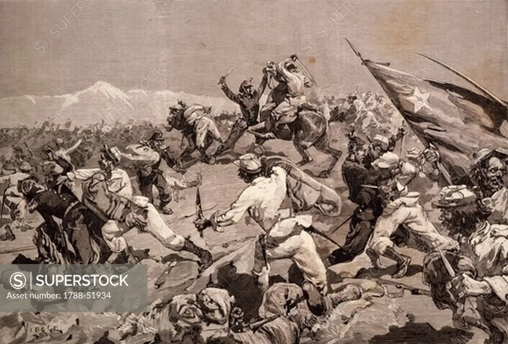 Battle of Tarapaca, between Peruvian and Chilian troops, November 27, 1879, engraving. War of the Pacific, Chile, 19th century.
