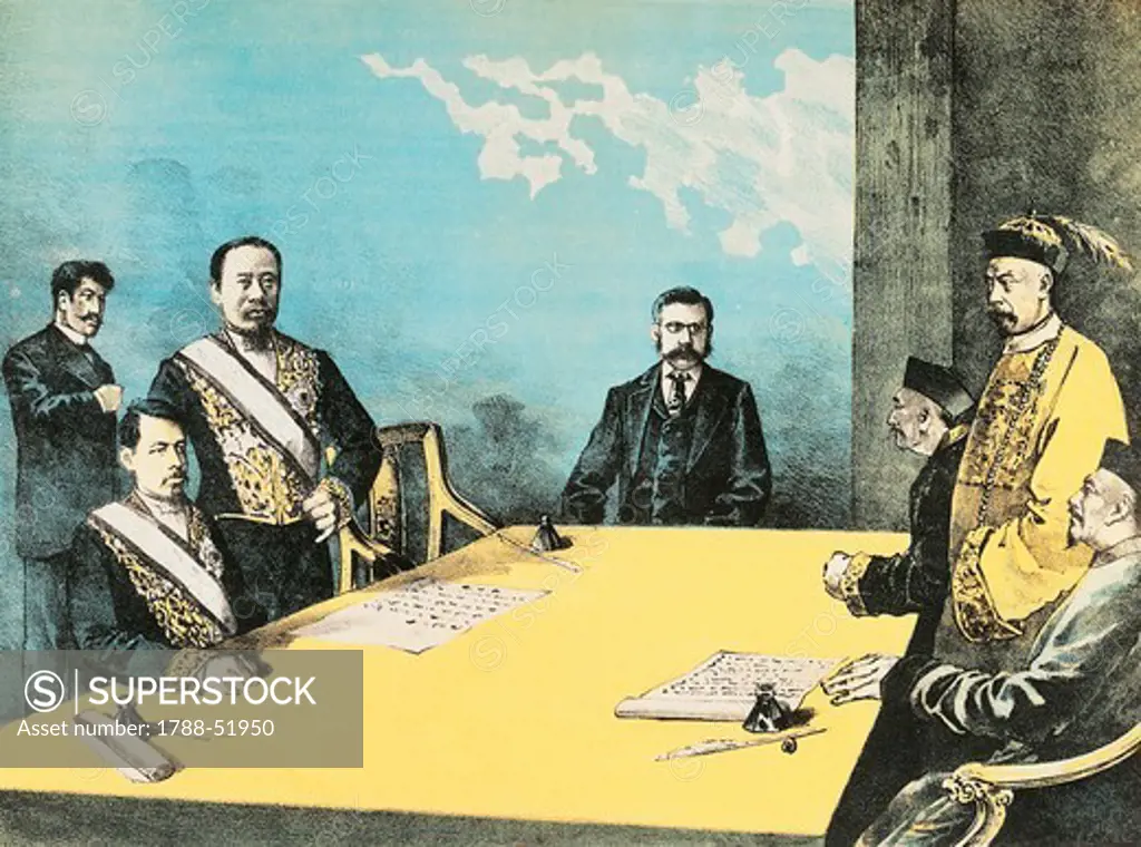 The Treaty of Shimonoseki also known as the Treaty of Maguan, was ratified in China, April 17, 1895, between the Japanese Empire and the Qing Dynasty, putting an end to the First Sino-Japanese War. First Sino-Japanese War, China, 19th century.