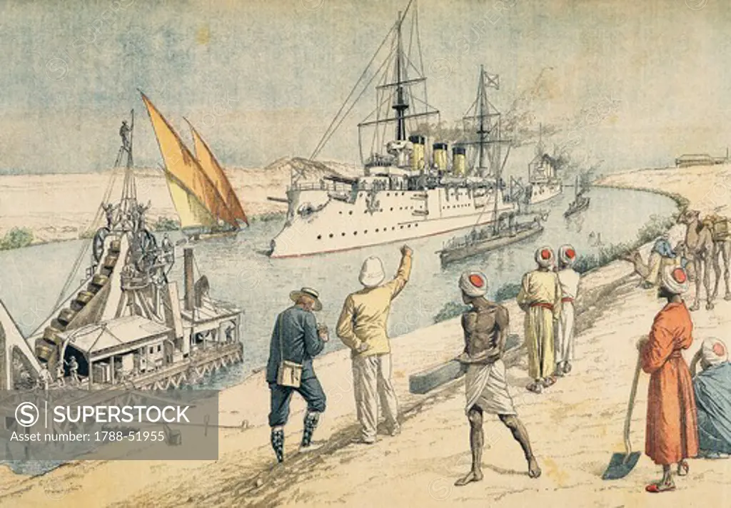 The Russian battleship Osliablia crossing the Suez Canal, followed by the cruisers, print from Petit Journal magazine. Russo-Japanese War, Egypt, 20th century.