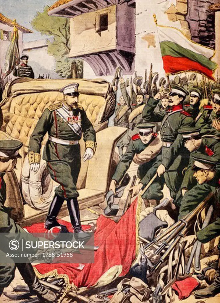 Ferdinand I of Bulgaria arriving in the conquered territories and walking on the flag torn from the Turks, print. First Balkan War, 20th century.