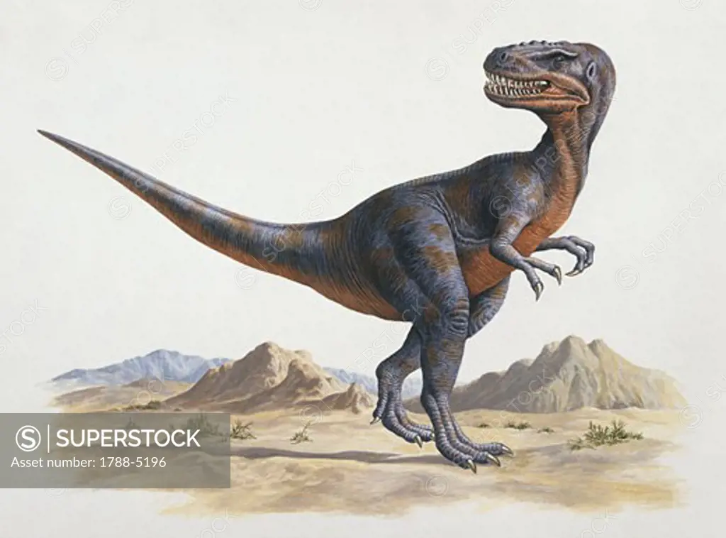 Alectrosaurus dinosaur walking on a landscape (Alectrosaurus olseni)