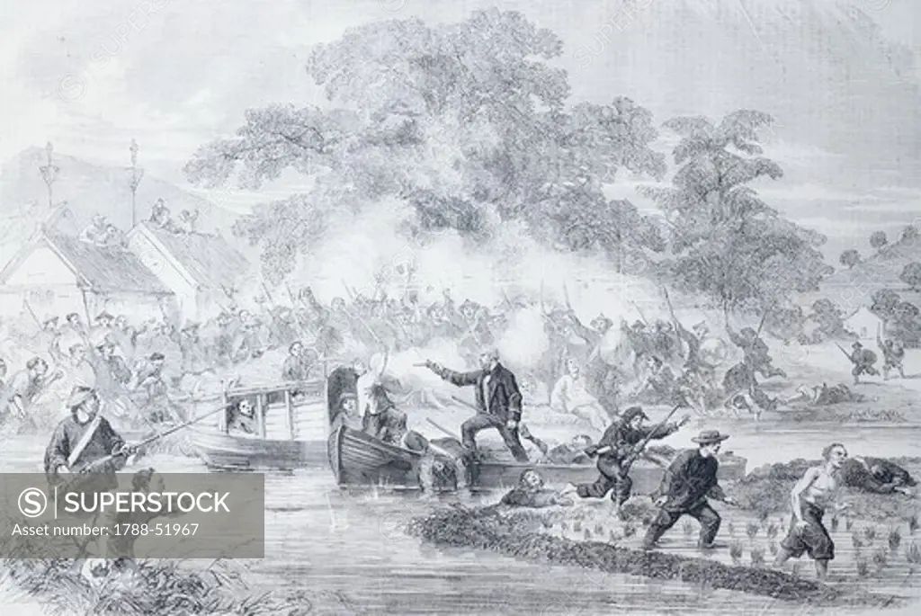 Clashes in Canton, 1858, print. Second Opium War, China, 19th century.